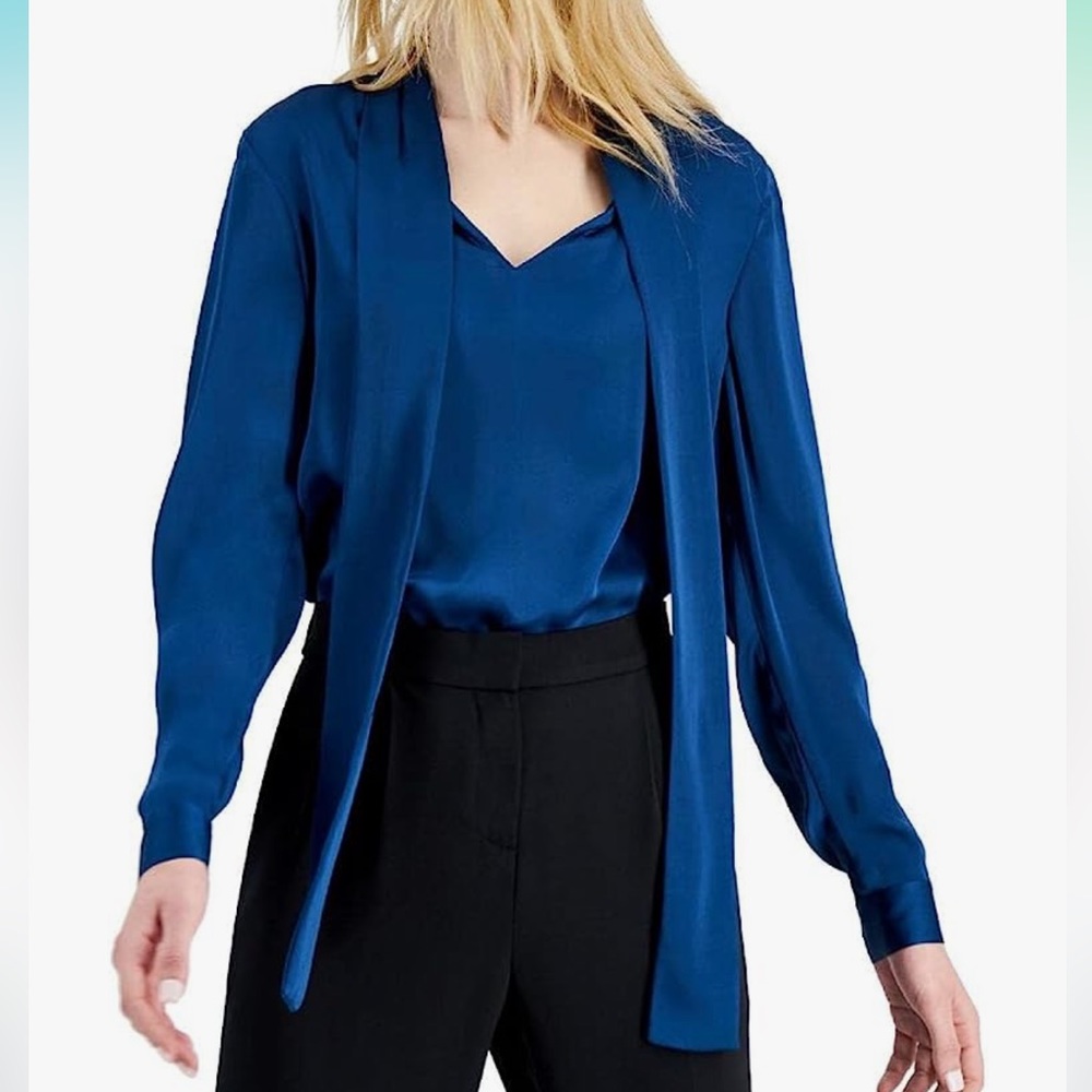 Anne Klein Women's Tie Nk Blouse with Long Cuffed Sleeve-Spruce